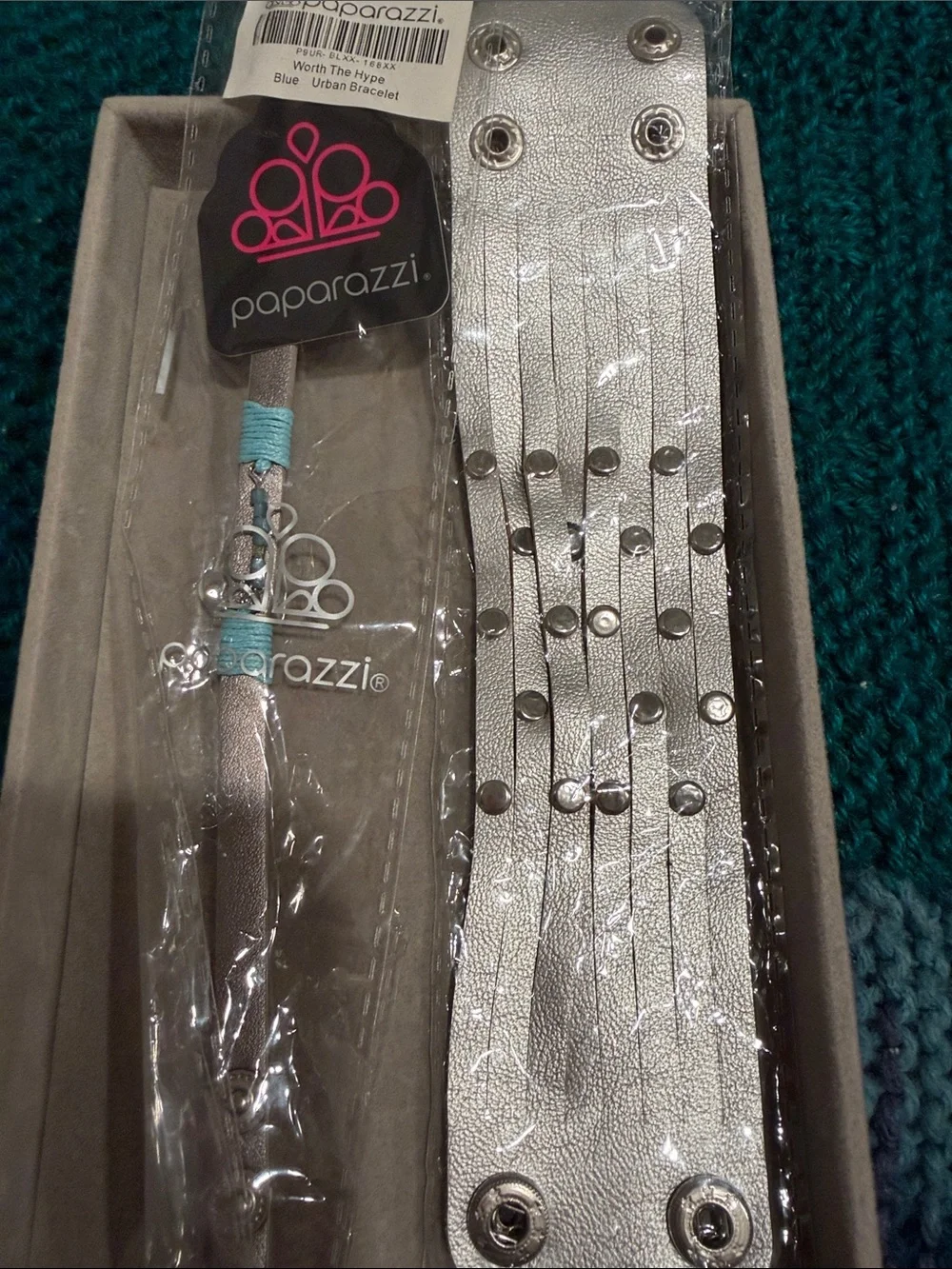 Paparazzi Silver Multi-Row Snap Cuff Bracelet with Blue Accent Thread